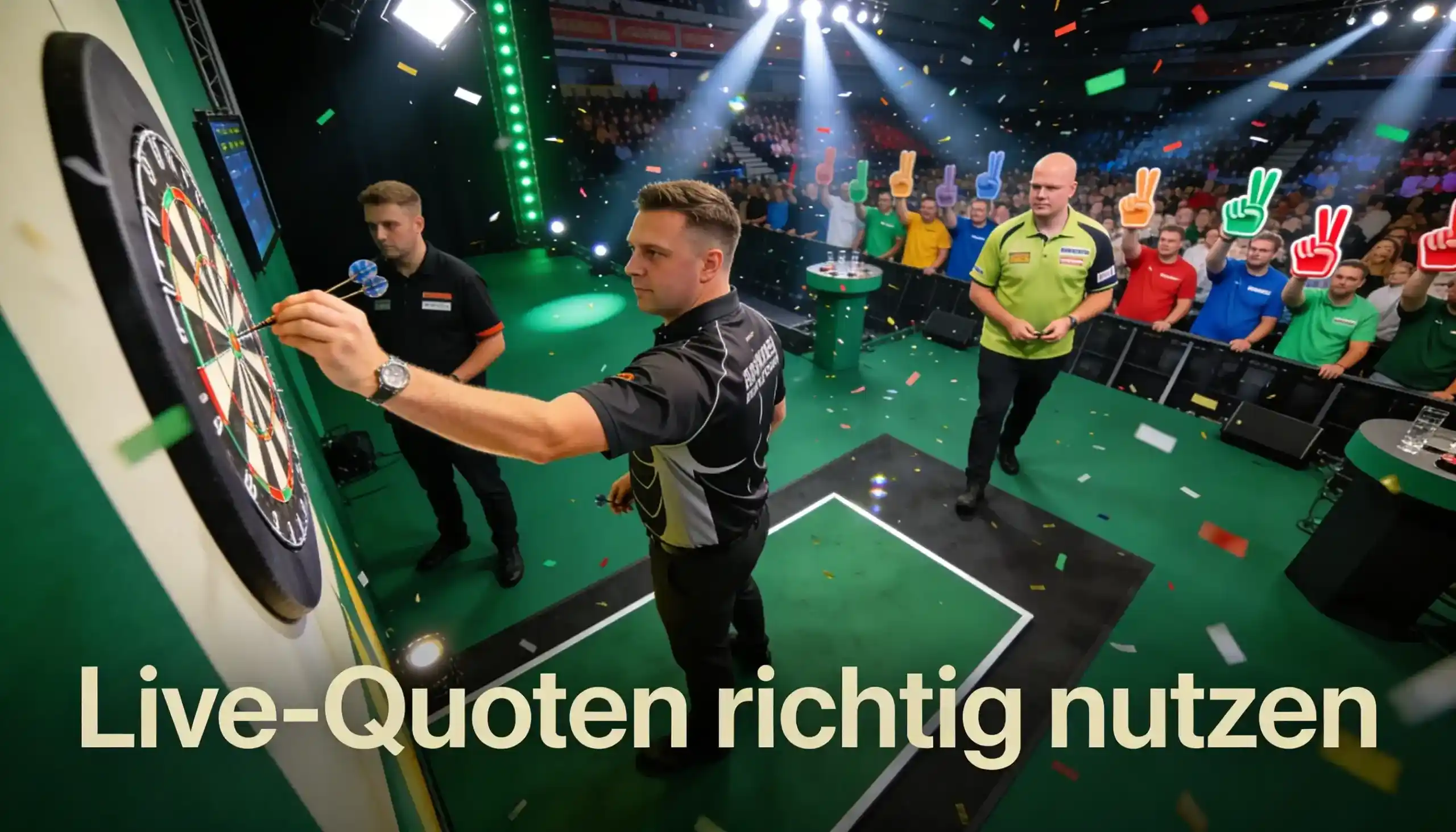 Darts-Livewetten: Publikum verfolgt ein PDC-Match in einer beleuchteten Arena