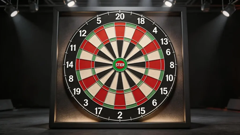 Dartscheibe von vorne mit deutlich sichtbaren Doppel- und Triplefeldern auf einem PDC-Turnierbühnenaufbau