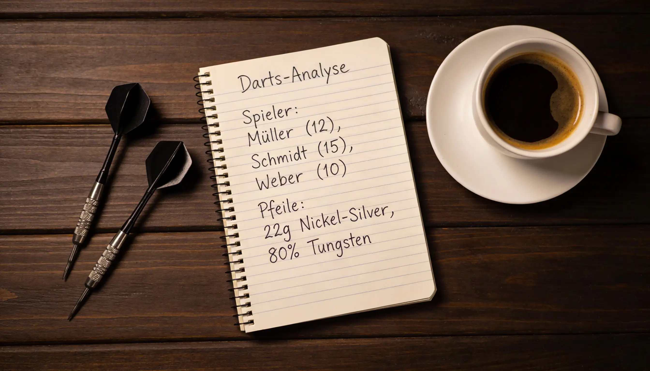 Handgeschriebene Darts-Statistiken und Spielernotizen auf einem Schreibtisch mit Laptop