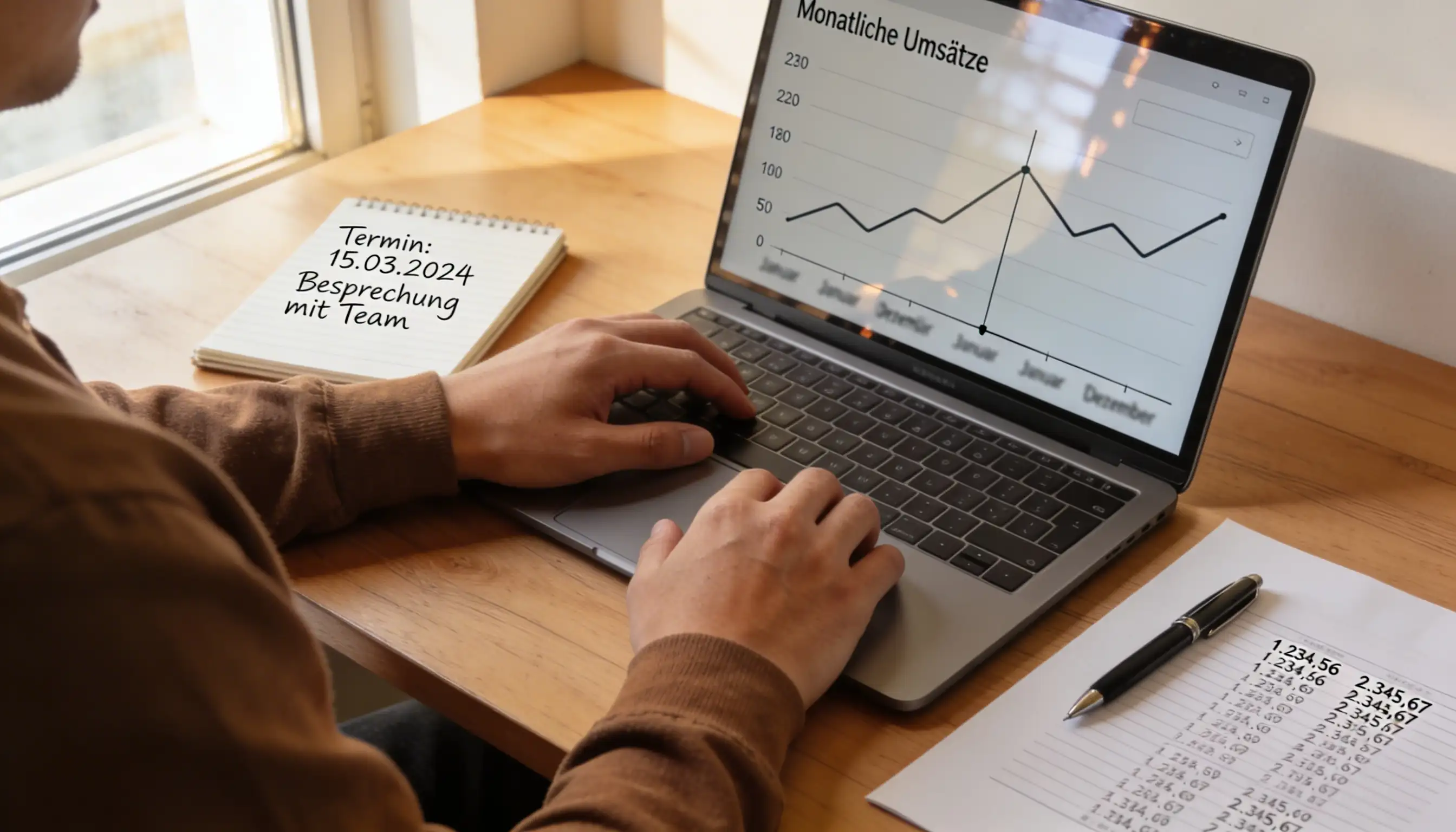 Person analysiert Darts-Wettquoten auf einem Laptop neben Notizen und Statistikblättern