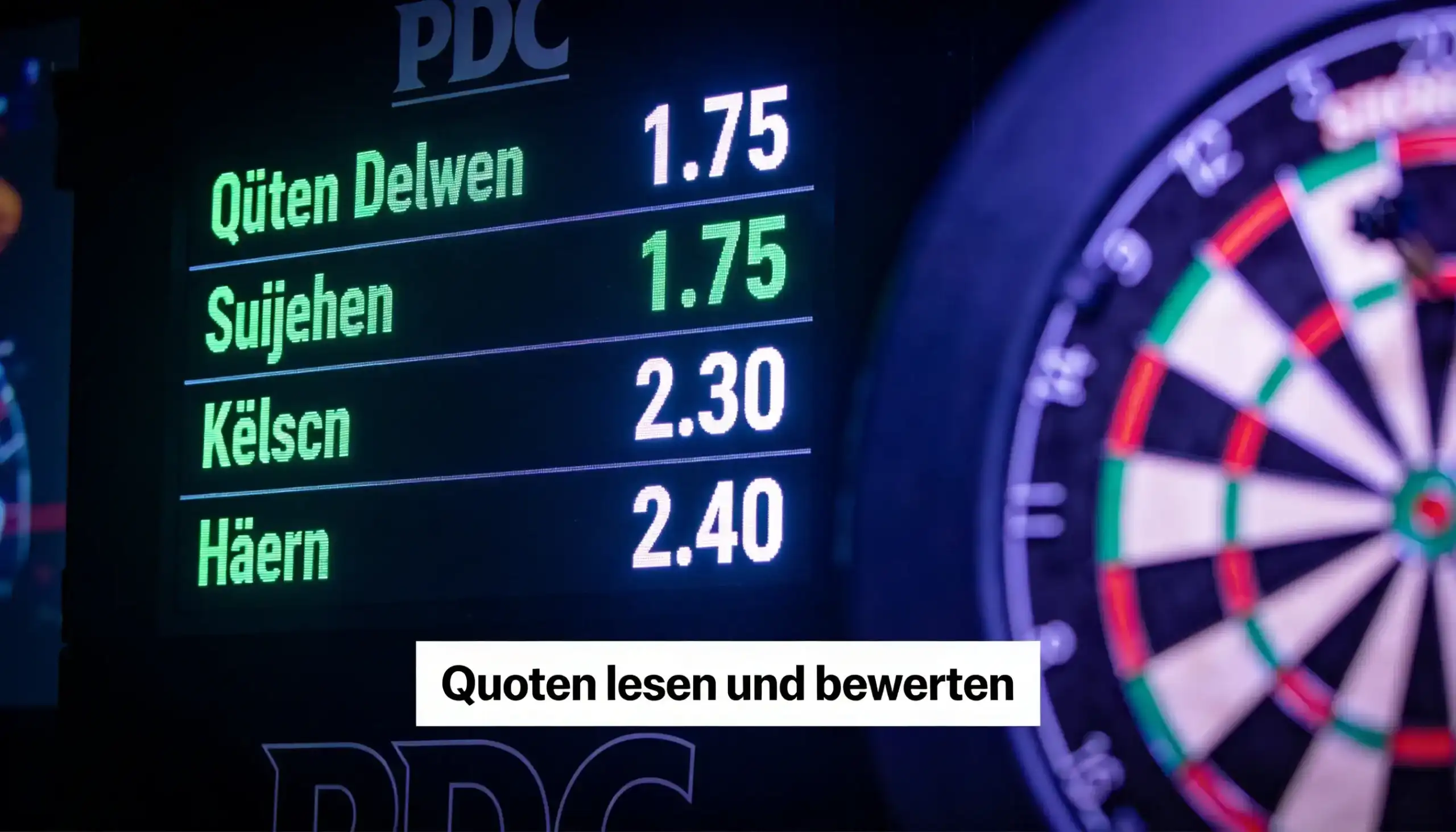 Darts-Wettquoten: Quotentafel neben einer Dartscheibe im Alexandra Palace